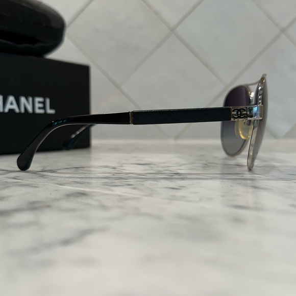 Chanel Silver Frame with Black Leather Arm Sunglasses - Picture 7 of 16
